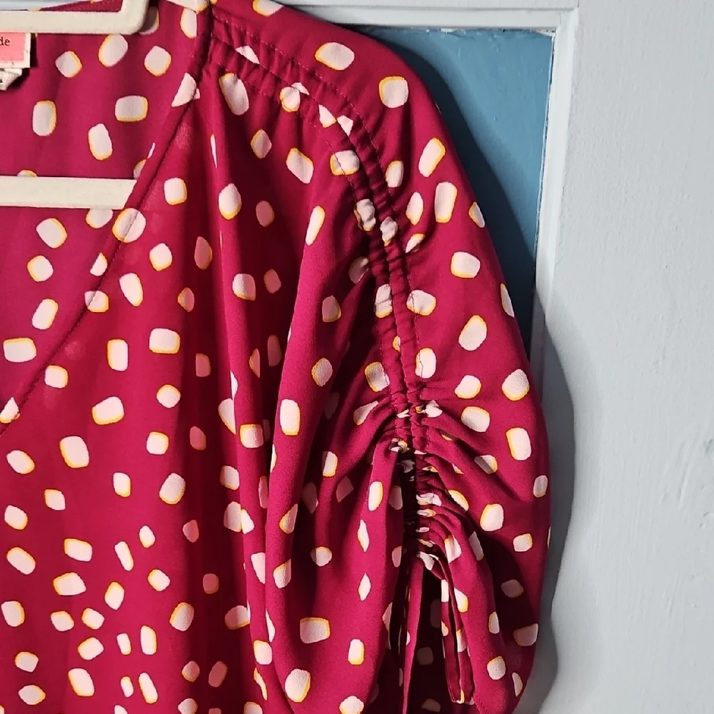 Kate Spade Women's Mallow Dot Ruched Sleeve In Beet Juice Color Blouse XS